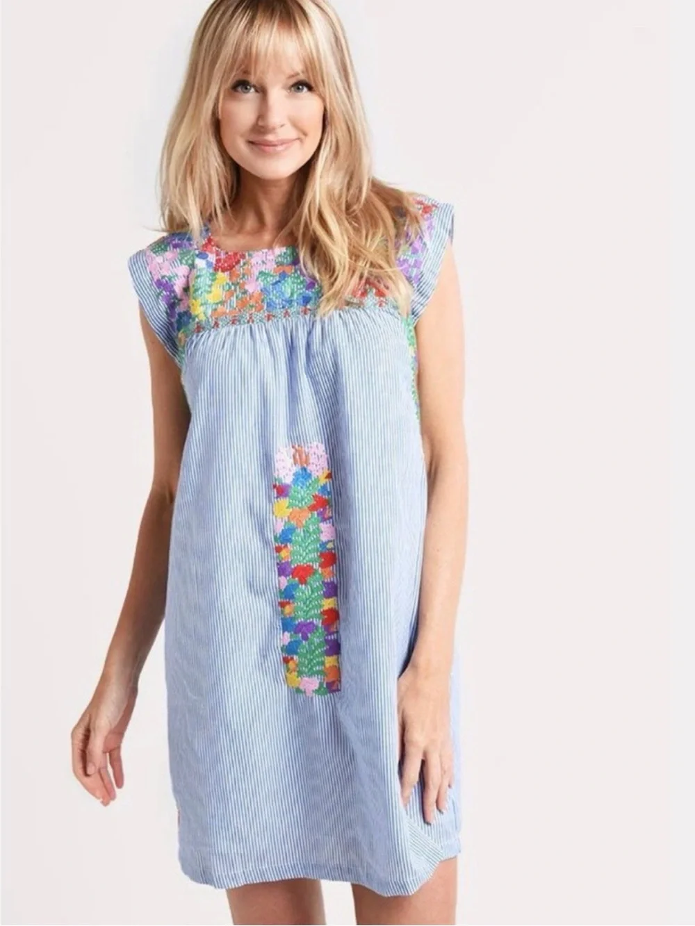 J. Marie Light Blue Striped Dress with Multicolor Floral Embroidery - Picture 1 of 8